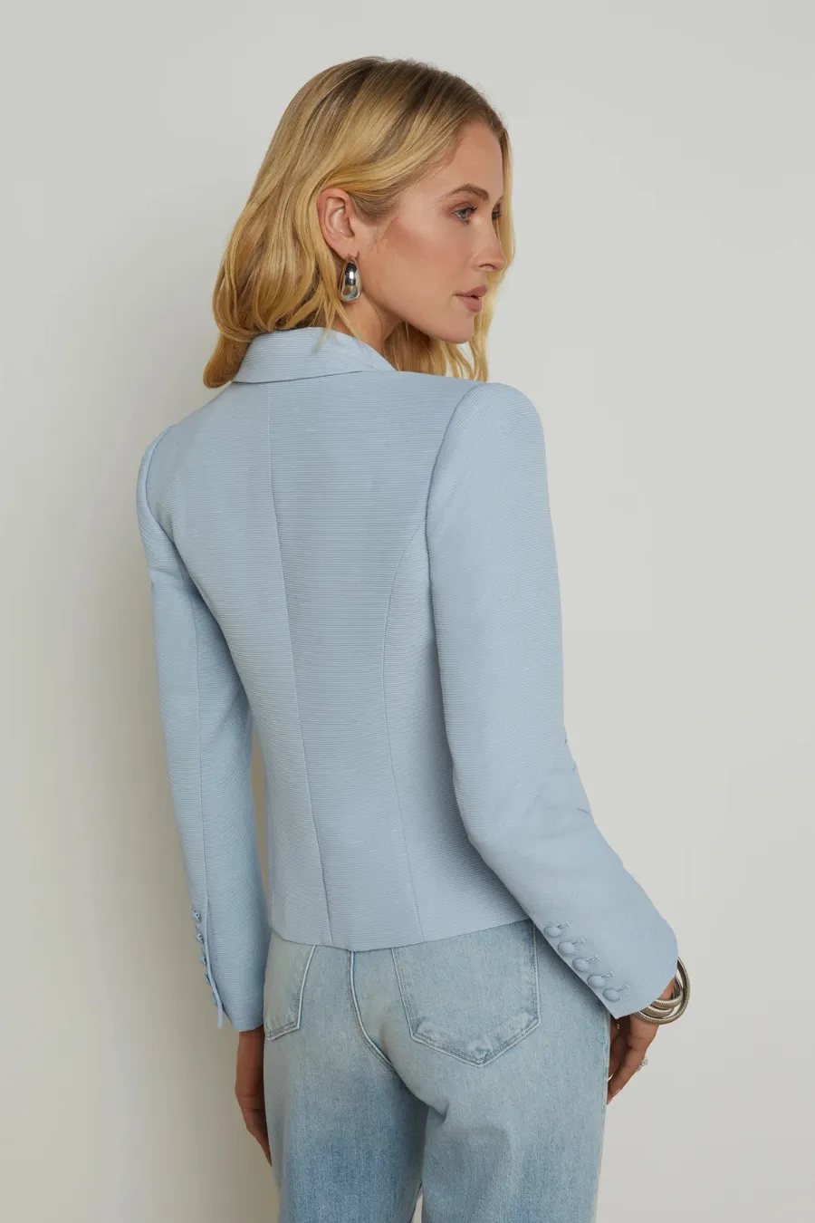Brooke Open Front Blazer Blue Fog/ Scroll Toile