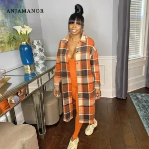 Checkered Long Coat Women Winter Clothing