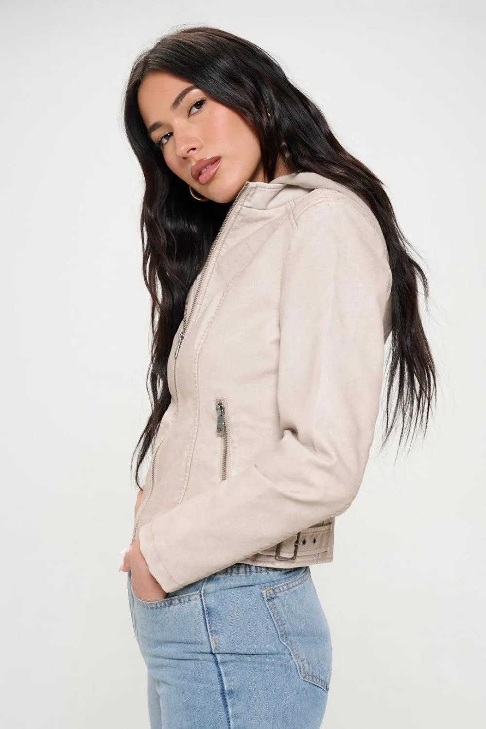 Coalition LA Jacket Vegan Leather Zip Up Hooded Long Sleeve