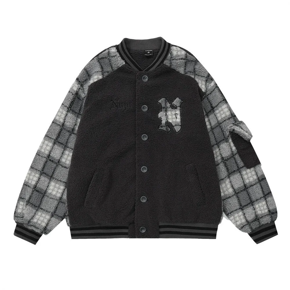 Color Contrast Patchwork Plaid Lamb Wool Coat For Men