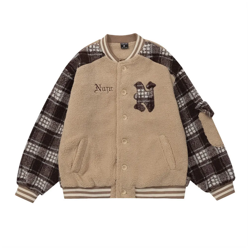 Color Contrast Patchwork Plaid Lamb Wool Coat For Men