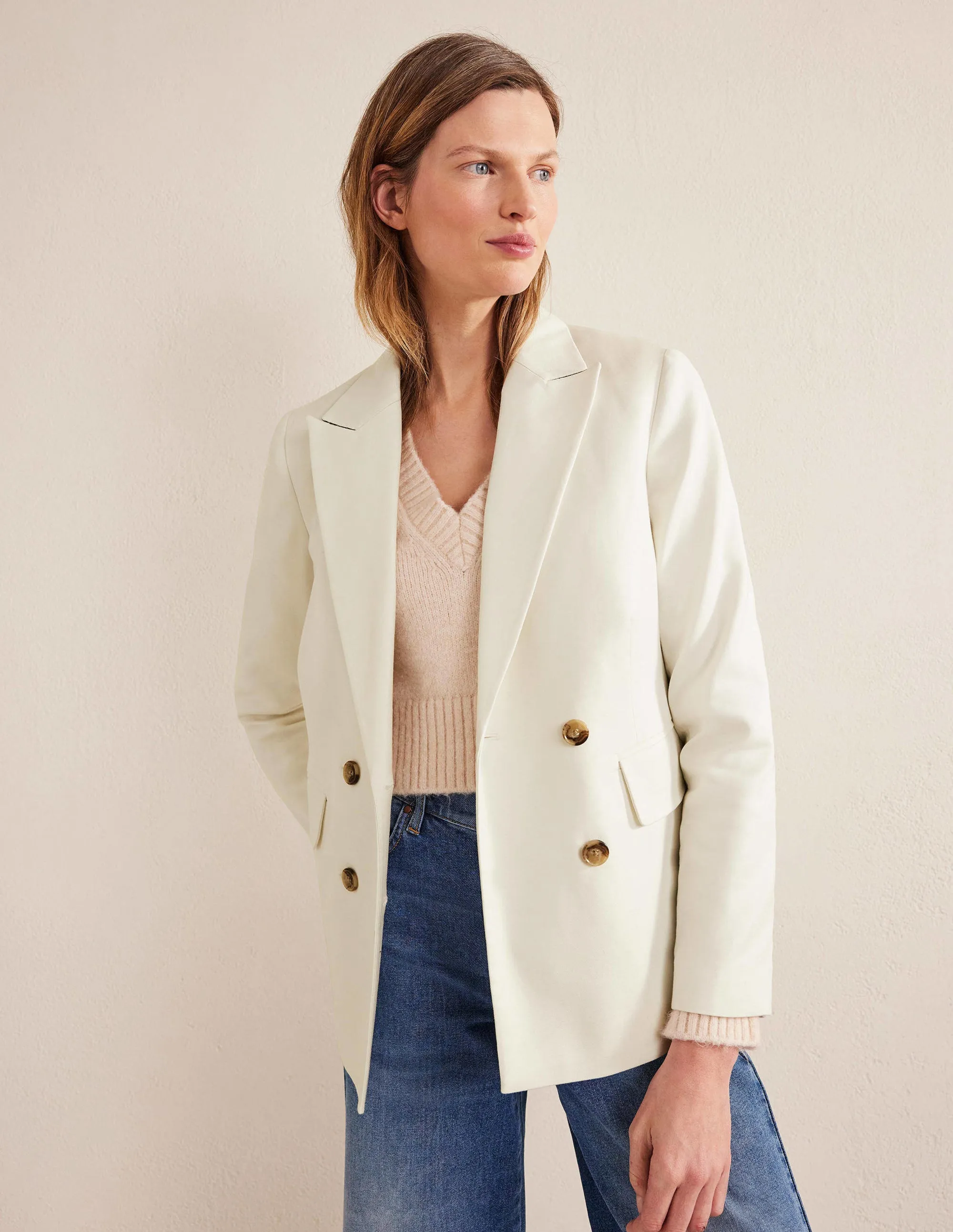 Double Breasted Twill Blazer-Ivory