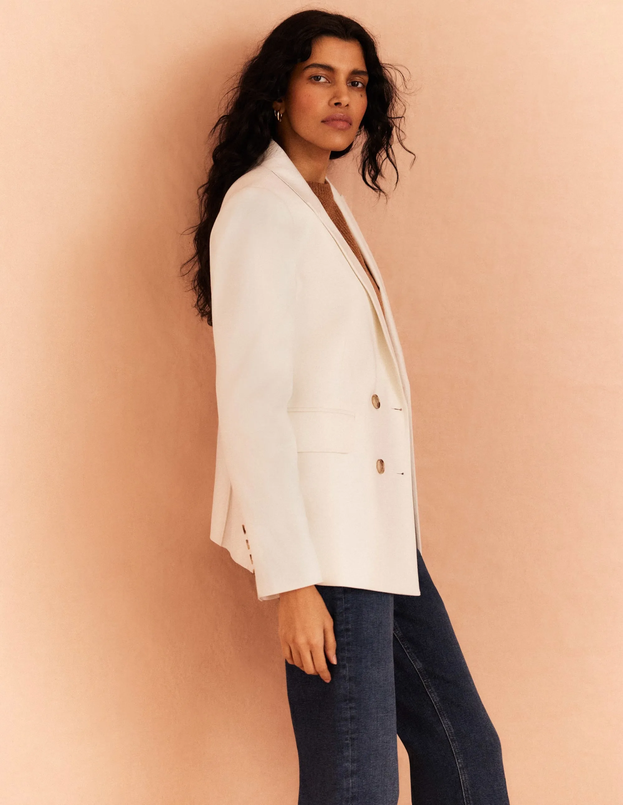 Double Breasted Twill Blazer-Ivory