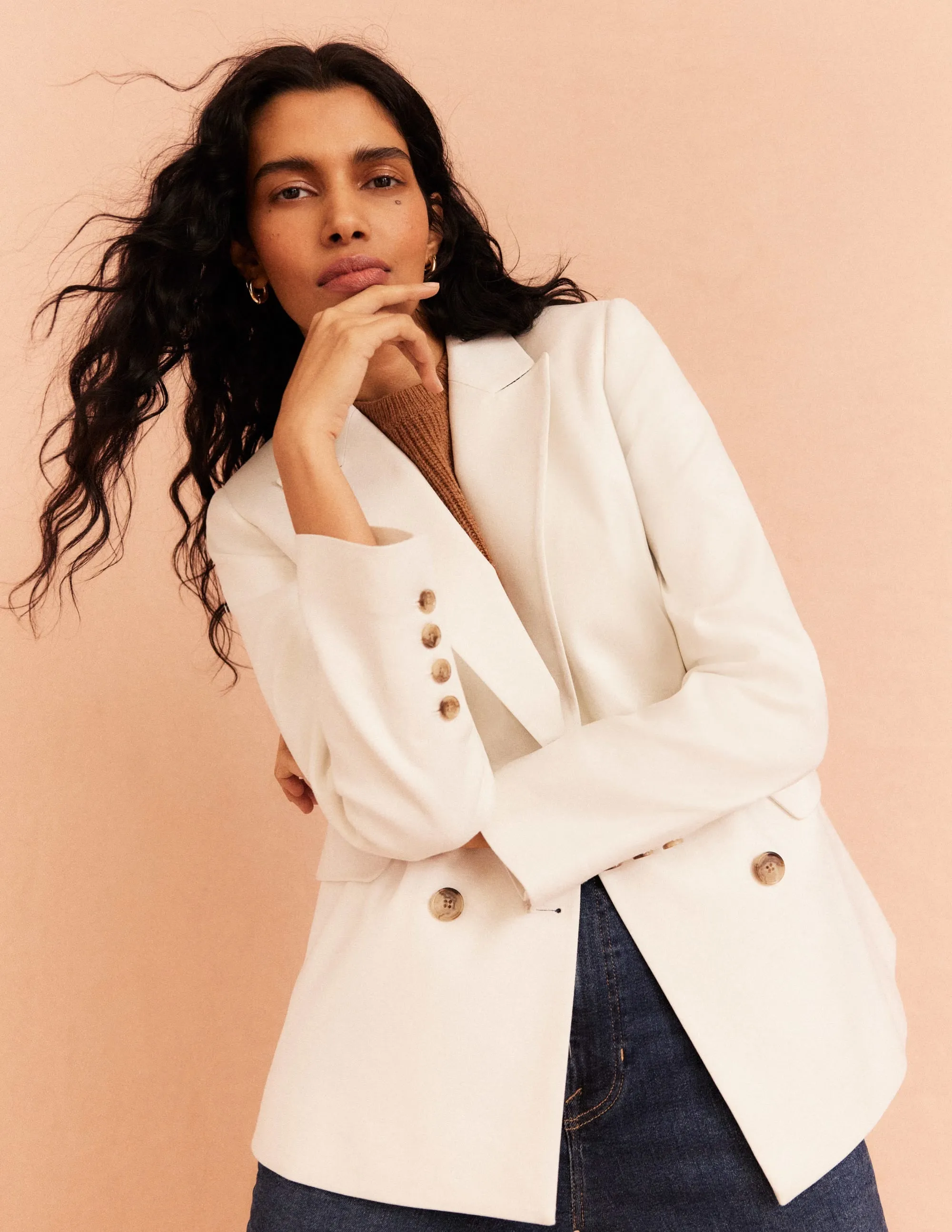 Double Breasted Twill Blazer-Ivory