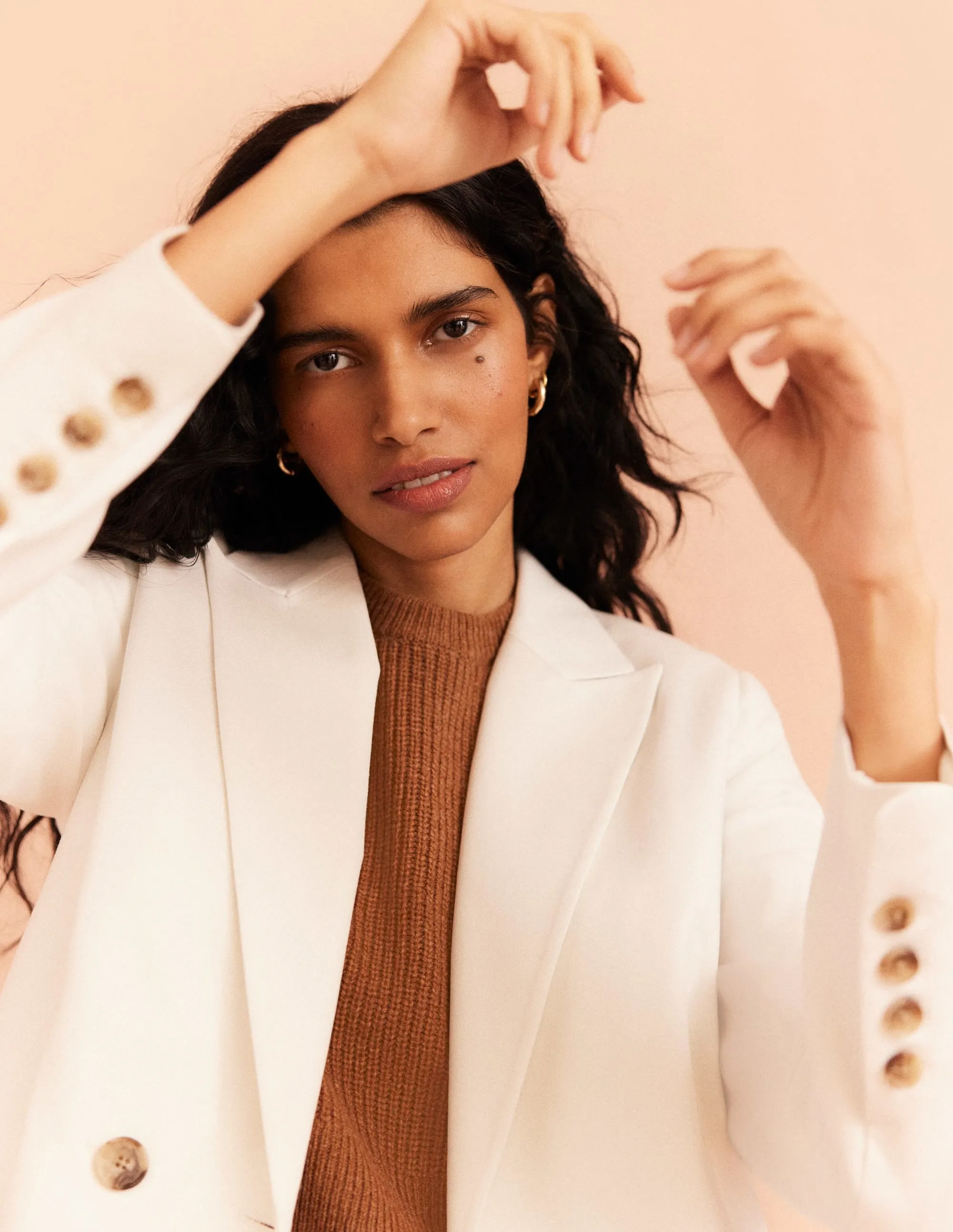 Double Breasted Twill Blazer-Ivory