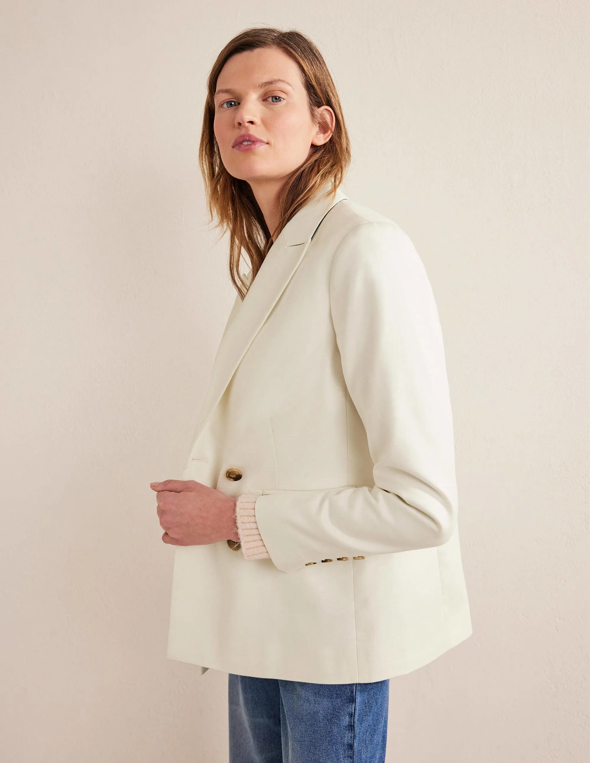 Double Breasted Twill Blazer-Ivory