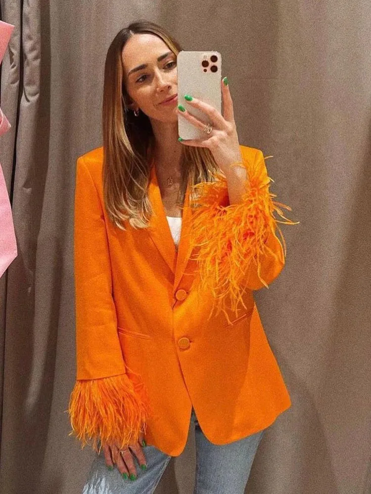 Everly Blazer Set with Feather Sleeves