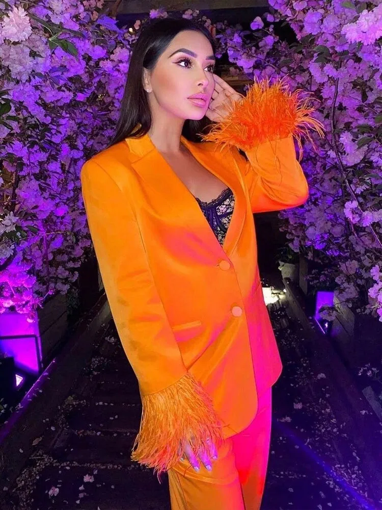 Everly Blazer Set with Feather Sleeves