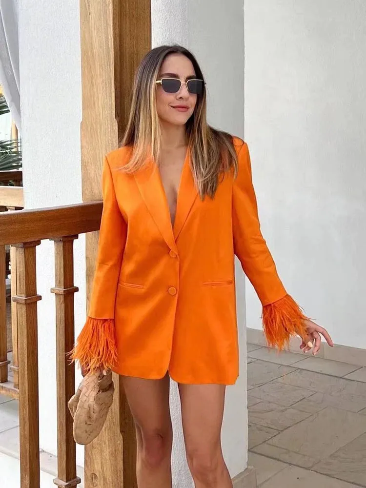 Everly Blazer Set with Feather Sleeves