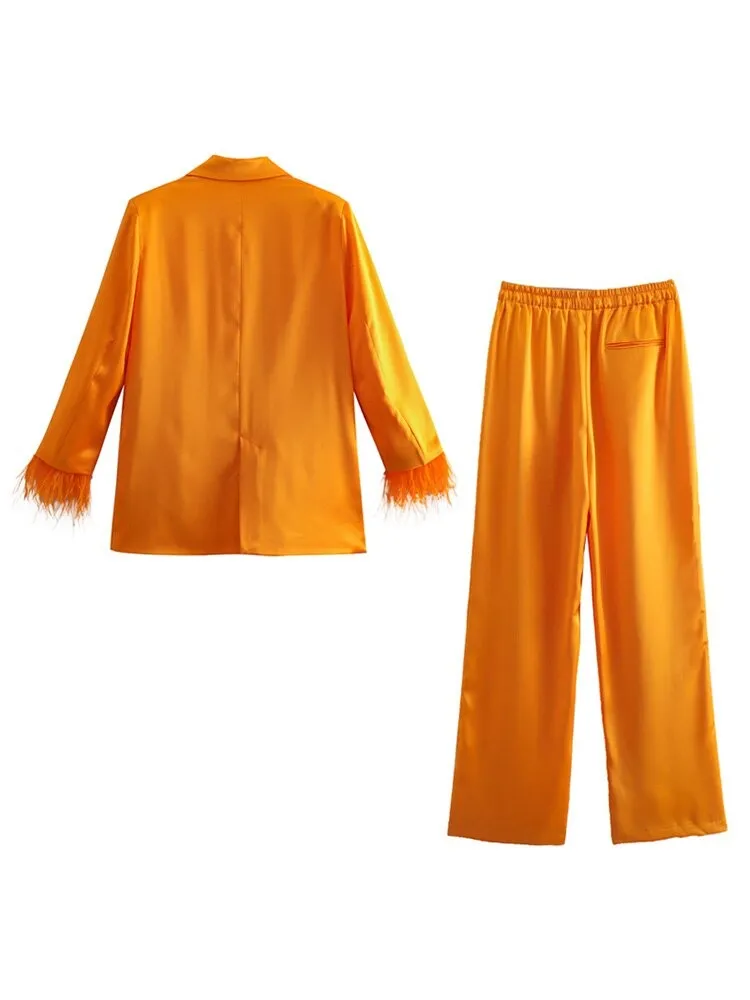 Everly Blazer Set with Feather Sleeves
