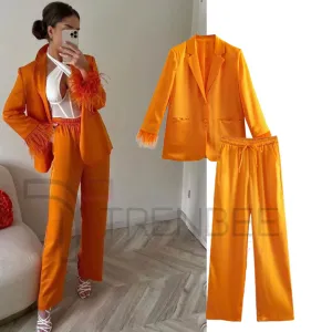 Everly Blazer Set with Feather Sleeves