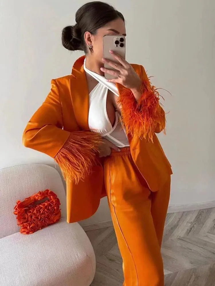 Everly Blazer Set with Feather Sleeves