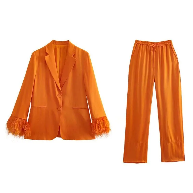 Everly Blazer Set with Feather Sleeves