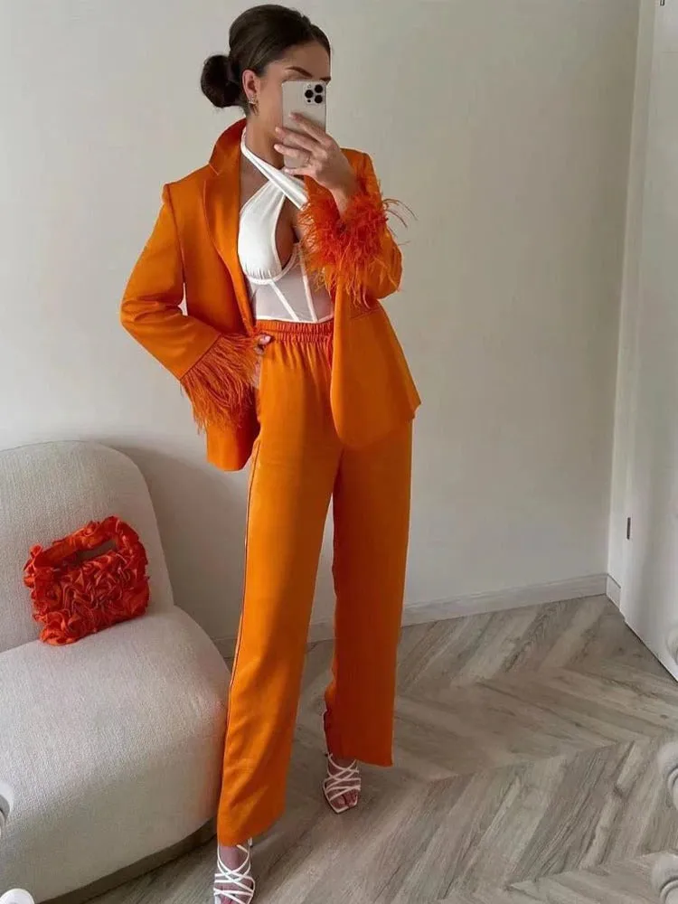 Everly Blazer Set with Feather Sleeves