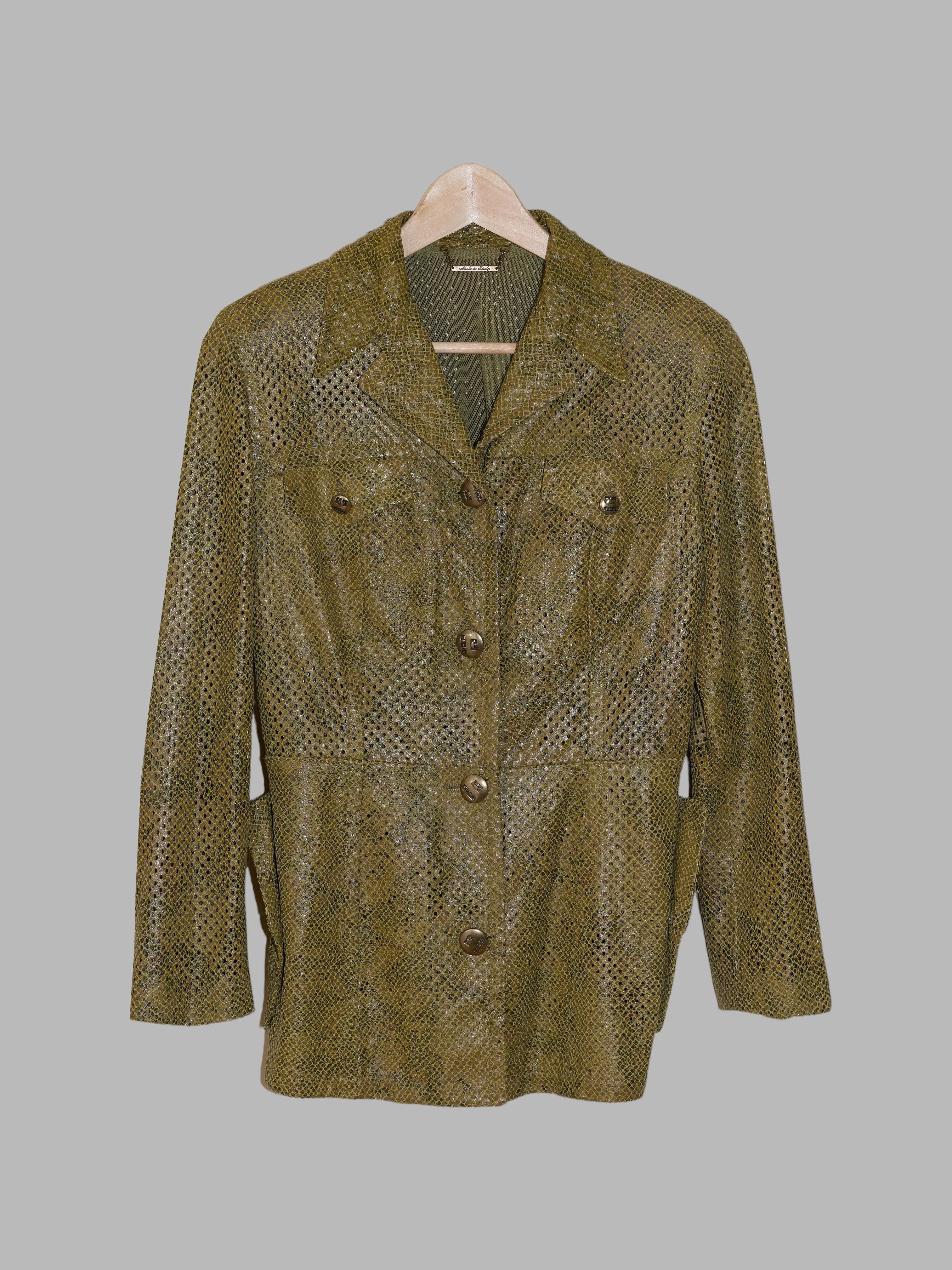 Gianfranco Ferre green camo print perforated faux-snakeskin sheep leather jacket