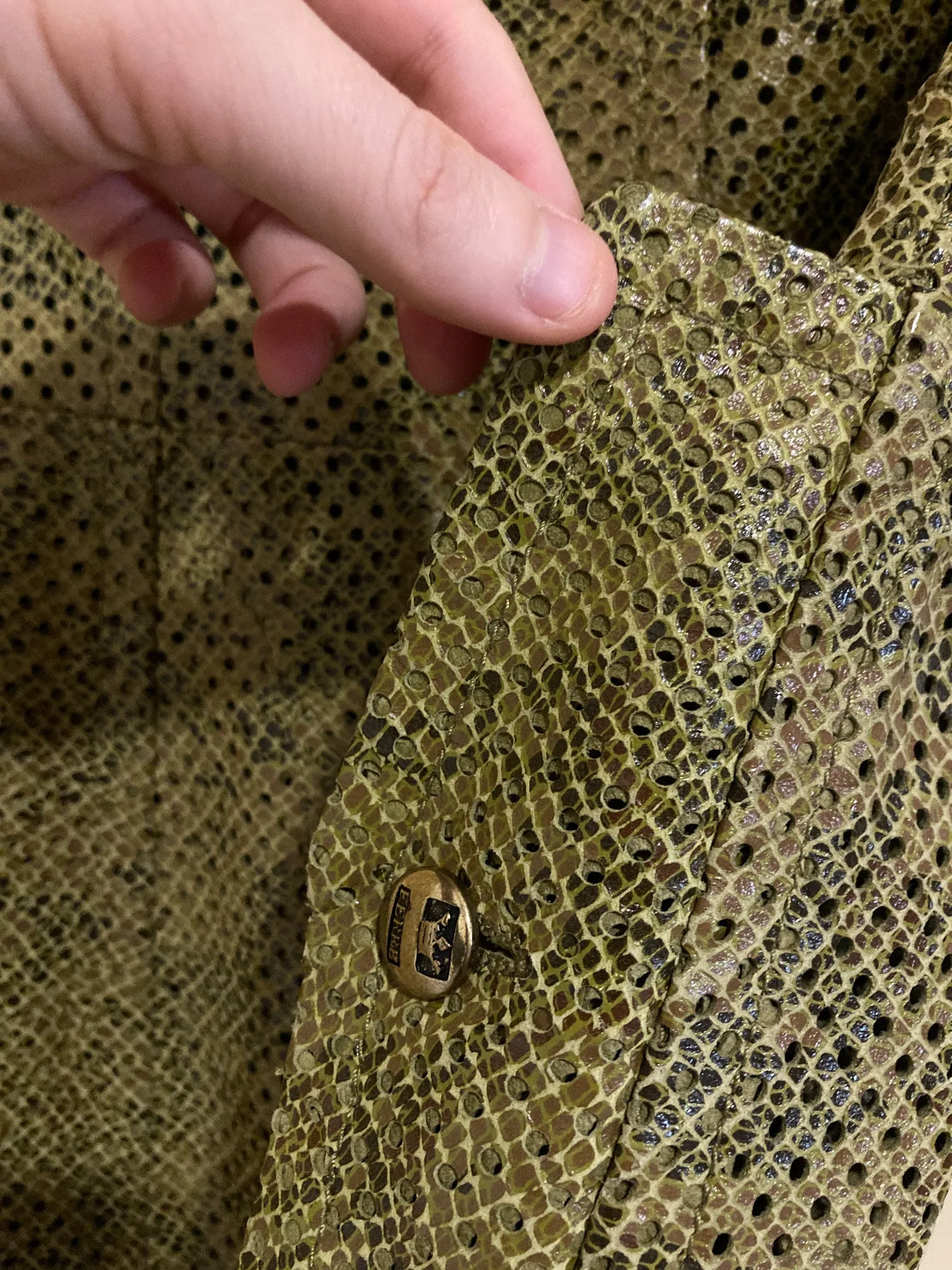 Gianfranco Ferre green camo print perforated faux-snakeskin sheep leather jacket