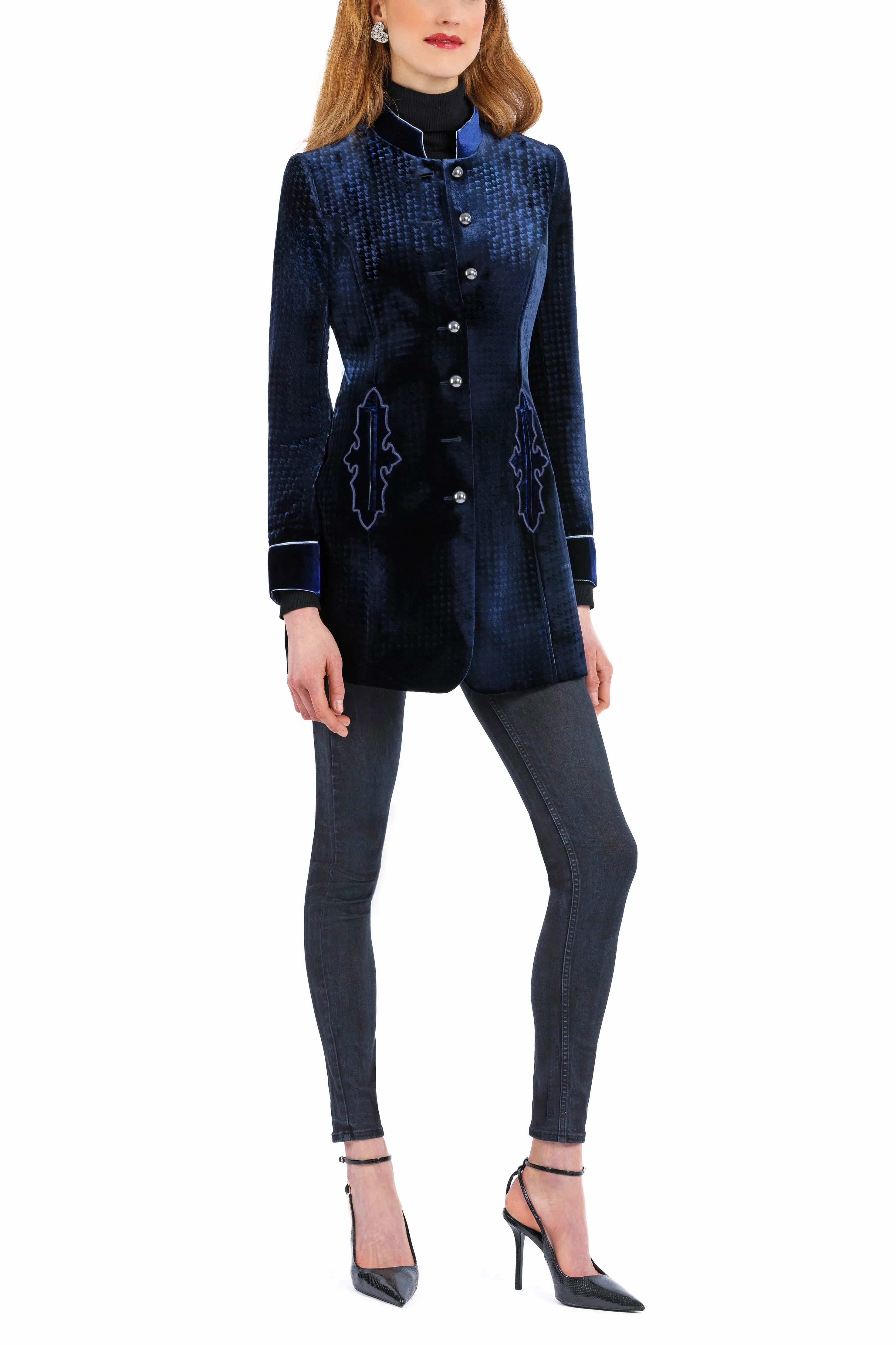 Long Blazer from dark blue embossed velvet.