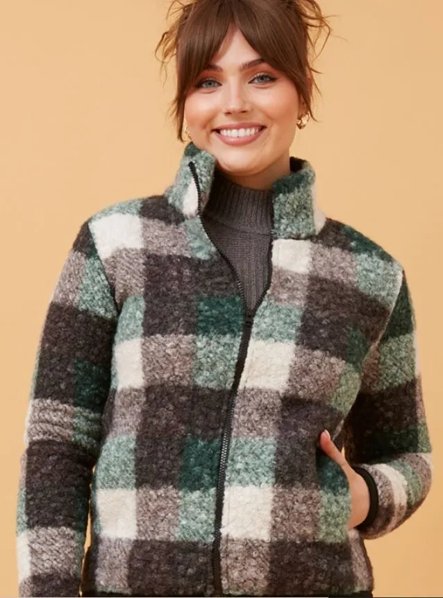 Lyn Check Teddy Fur Jacket - Multi Green