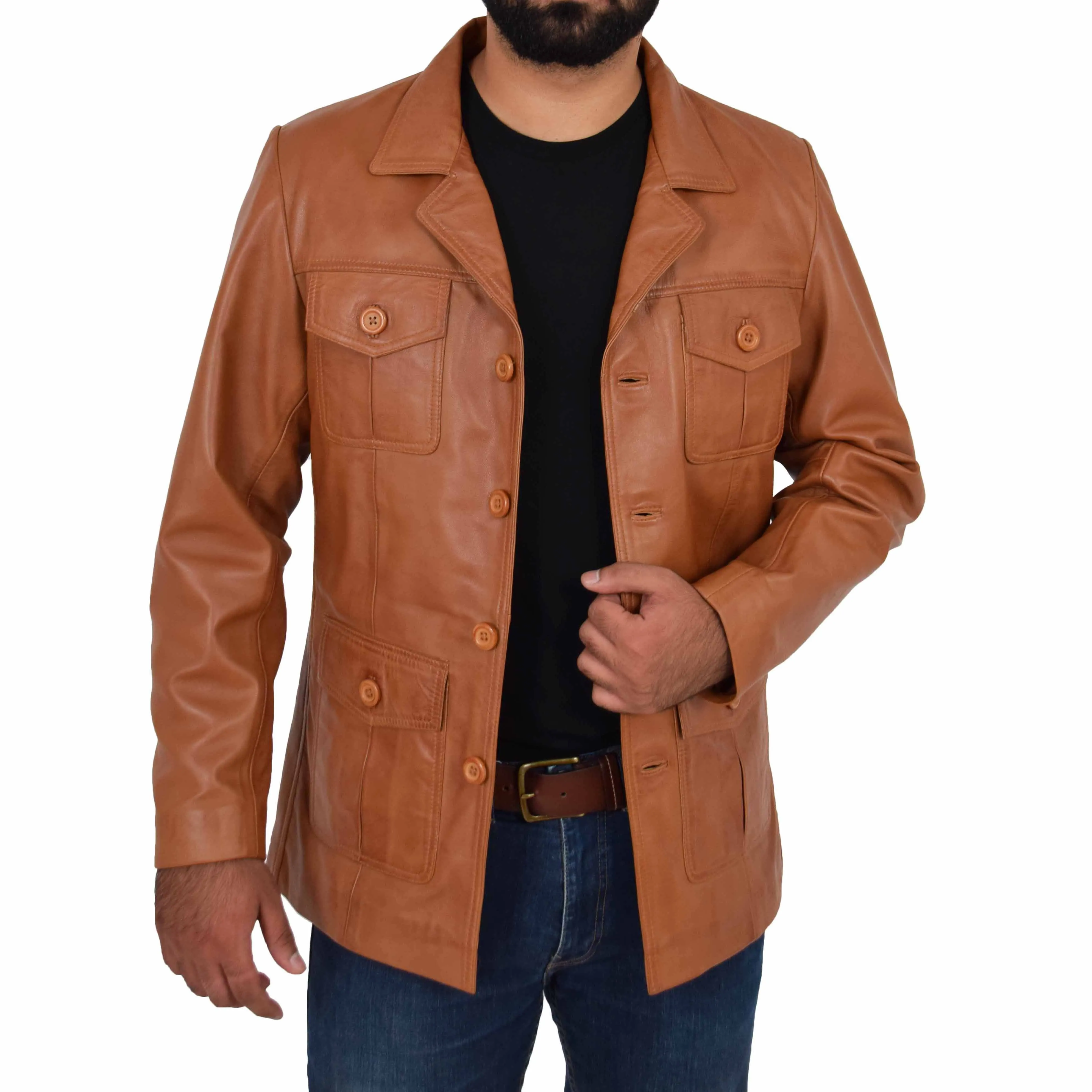 Mens Real Leather Safari Jacket Retro Blazer Coat Sylas Tan