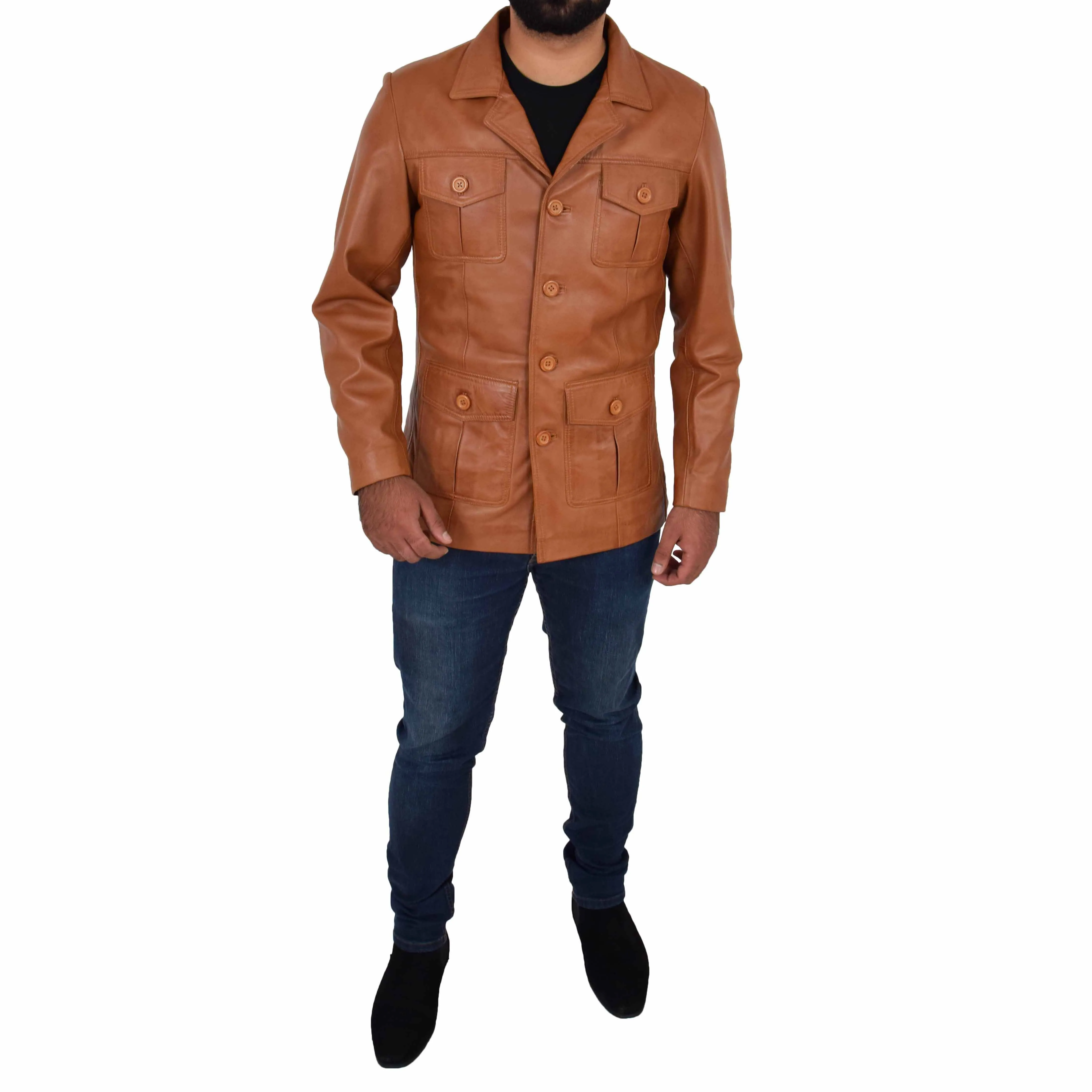Mens Real Leather Safari Jacket Retro Blazer Coat Sylas Tan