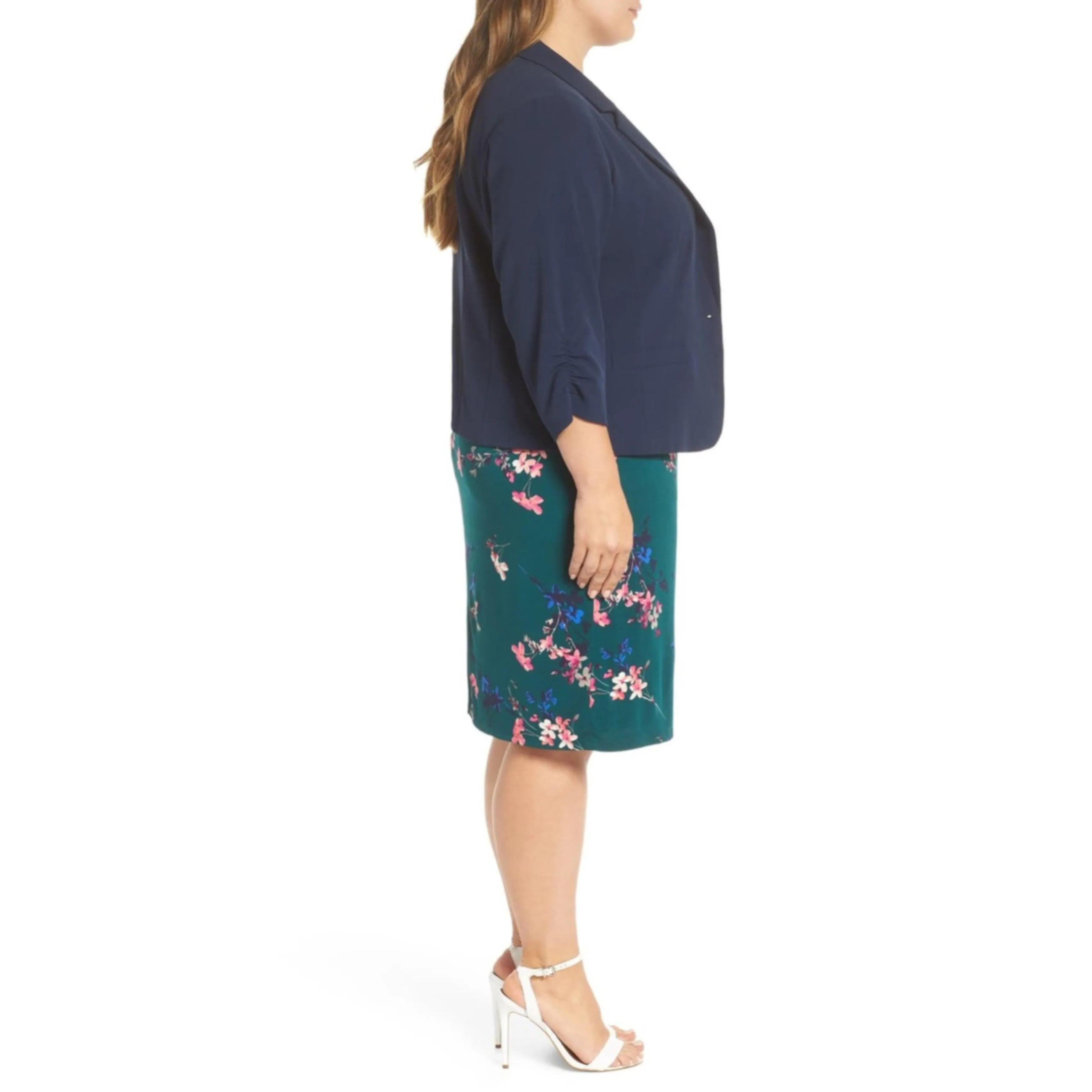 Navy Ruched Sleeve Blazer Jacket