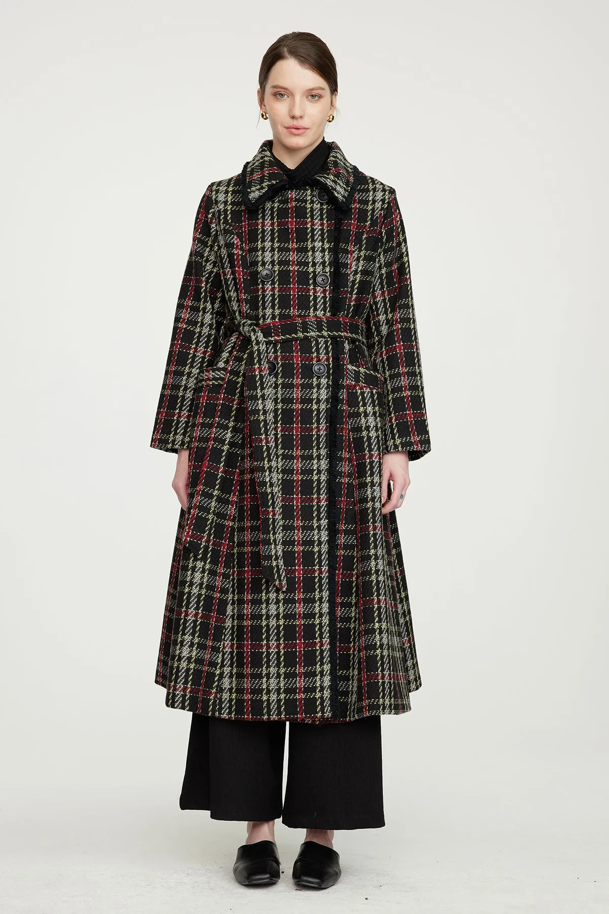 Slim Waist Wool Plaid Coat