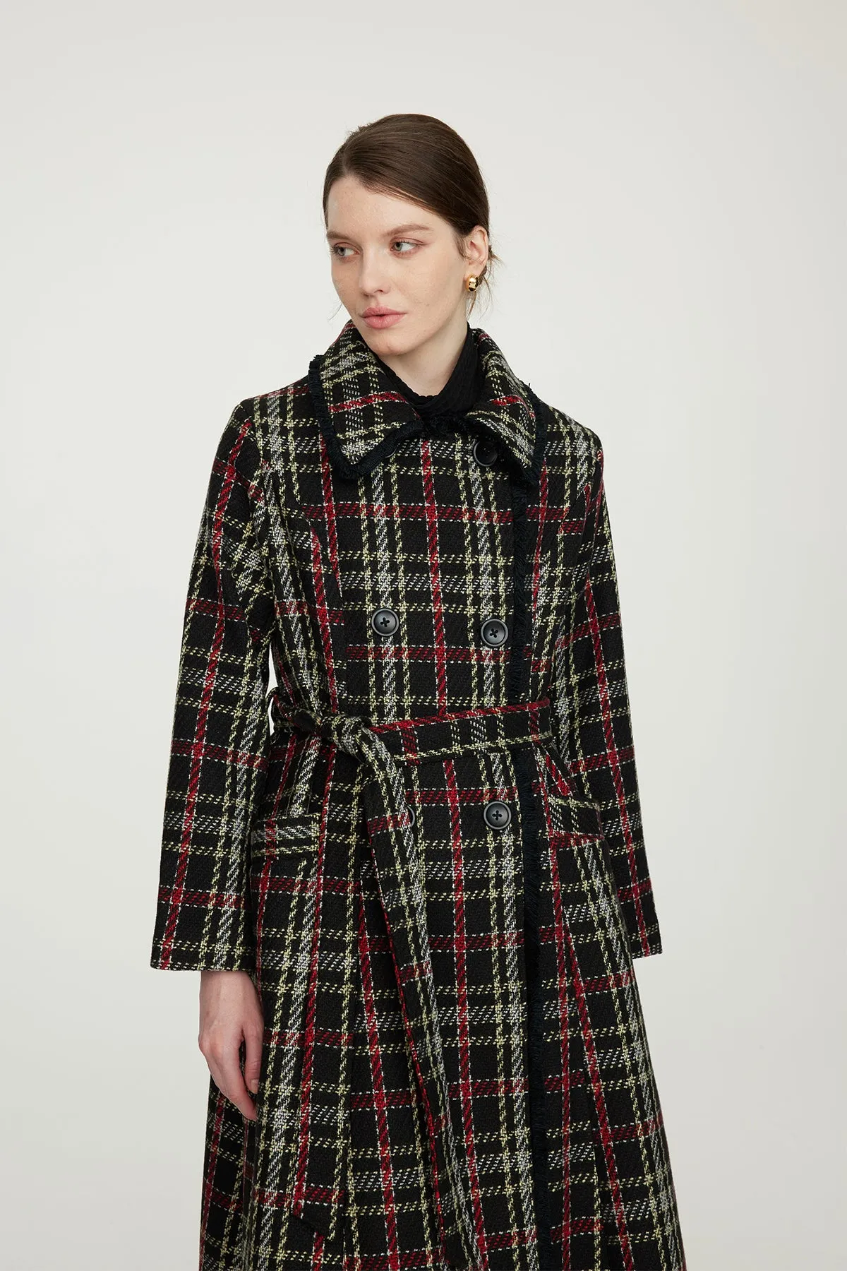 Slim Waist Wool Plaid Coat