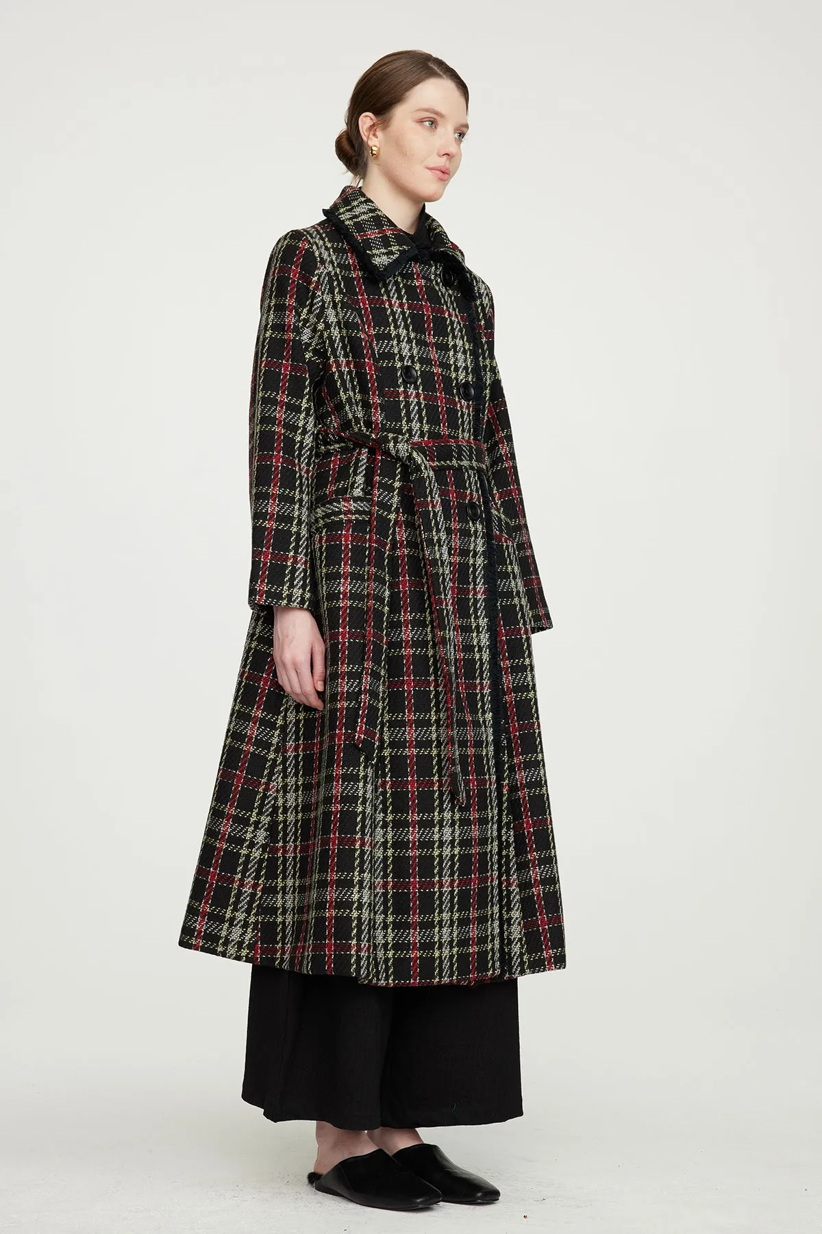 Slim Waist Wool Plaid Coat