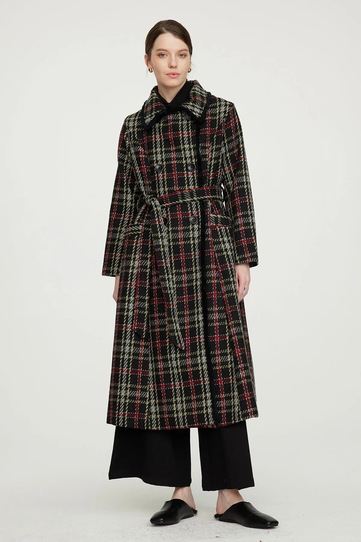 Slim Waist Wool Plaid Coat