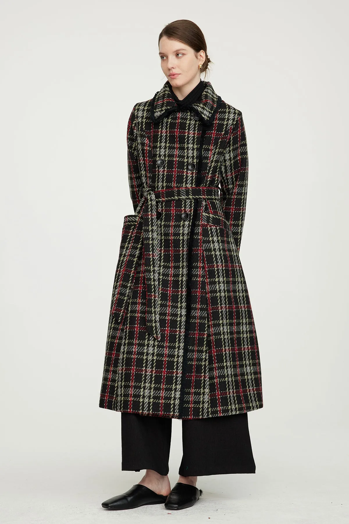 Slim Waist Wool Plaid Coat