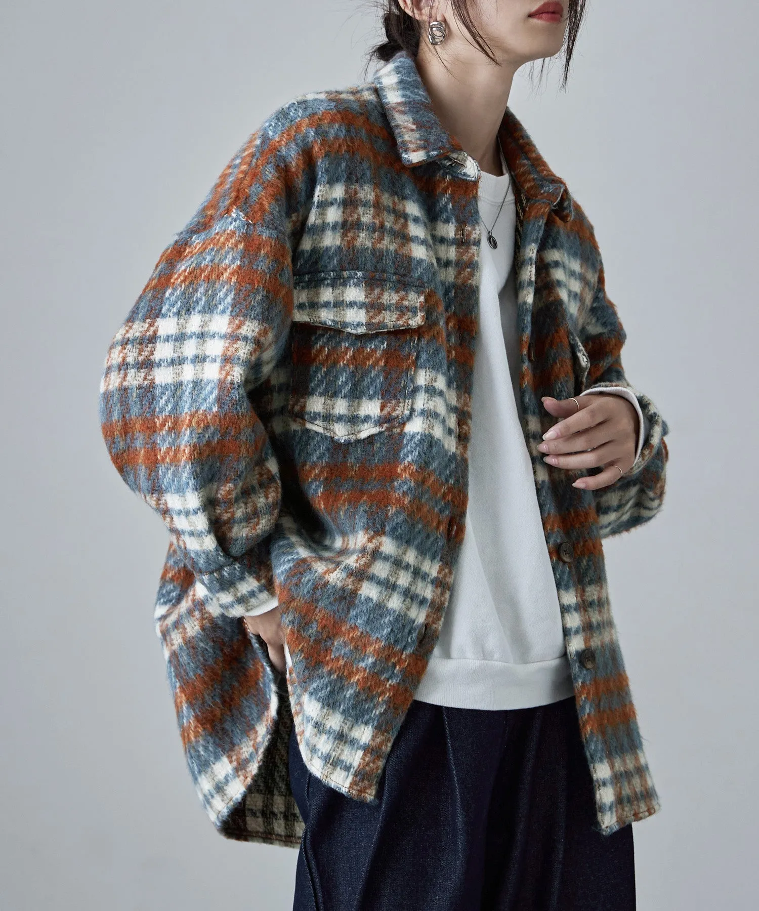 Wool like shaggy plaid jacket