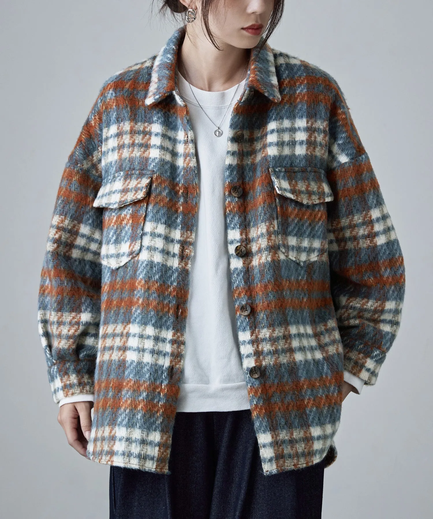 Wool like shaggy plaid jacket