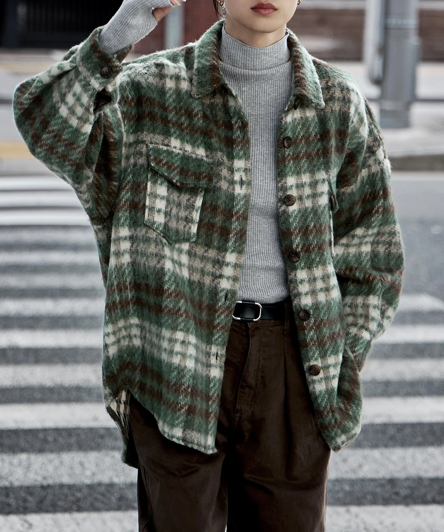 Wool like shaggy plaid jacket